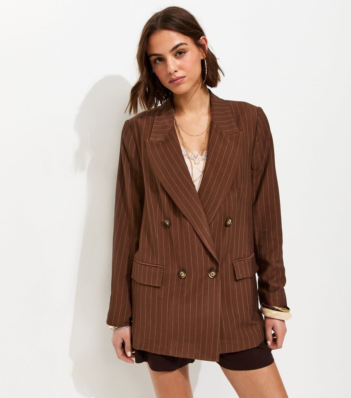 New Look Women's Brown Pinstripe Double Breasted Blazer New Look