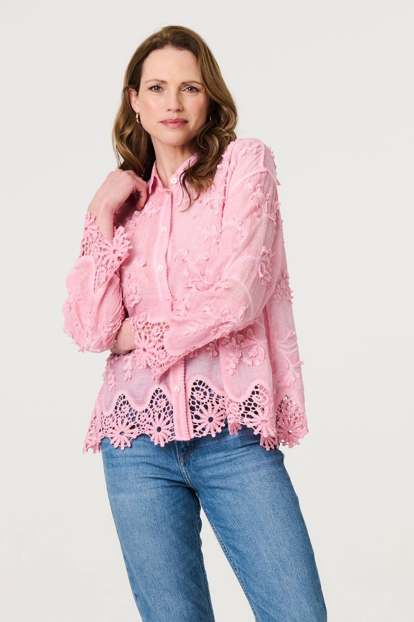 Izabel London Izabel London Women's Embroidered Lace Long Sleeve Shirt in Pink