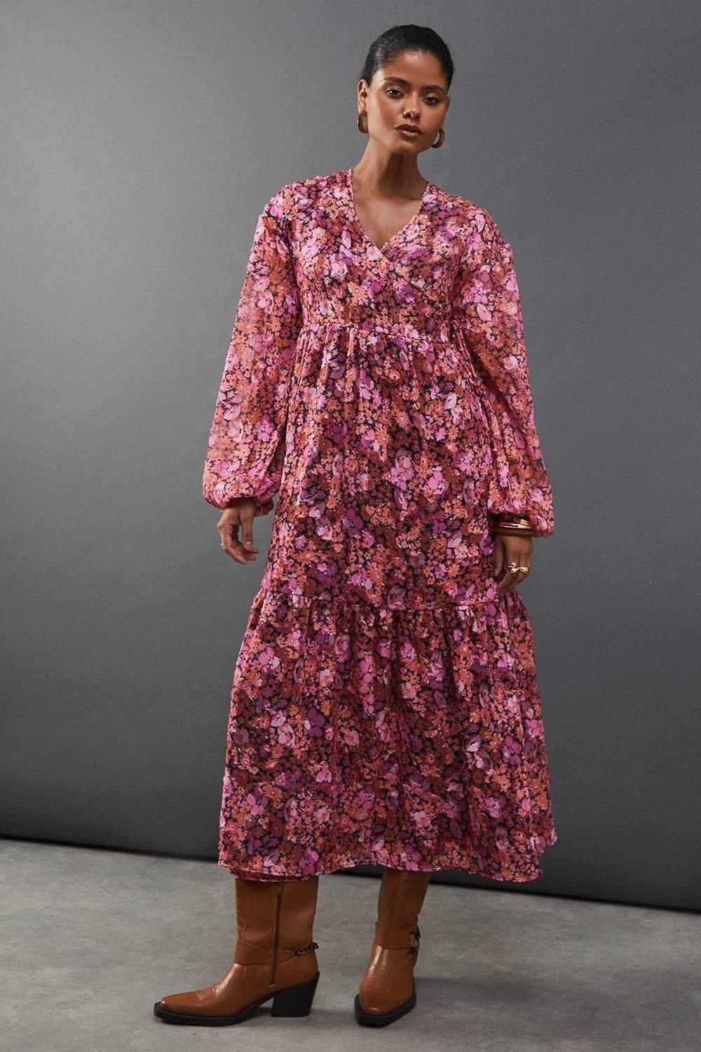 Warehouse Warehouse Women's Floral Burnout Chiffon Wrap Smock Midi Dress in Pink