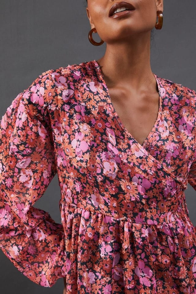 Warehouse Warehouse Women's Floral Burnout Chiffon Wrap Smock Midi Dress in Pink - 2
