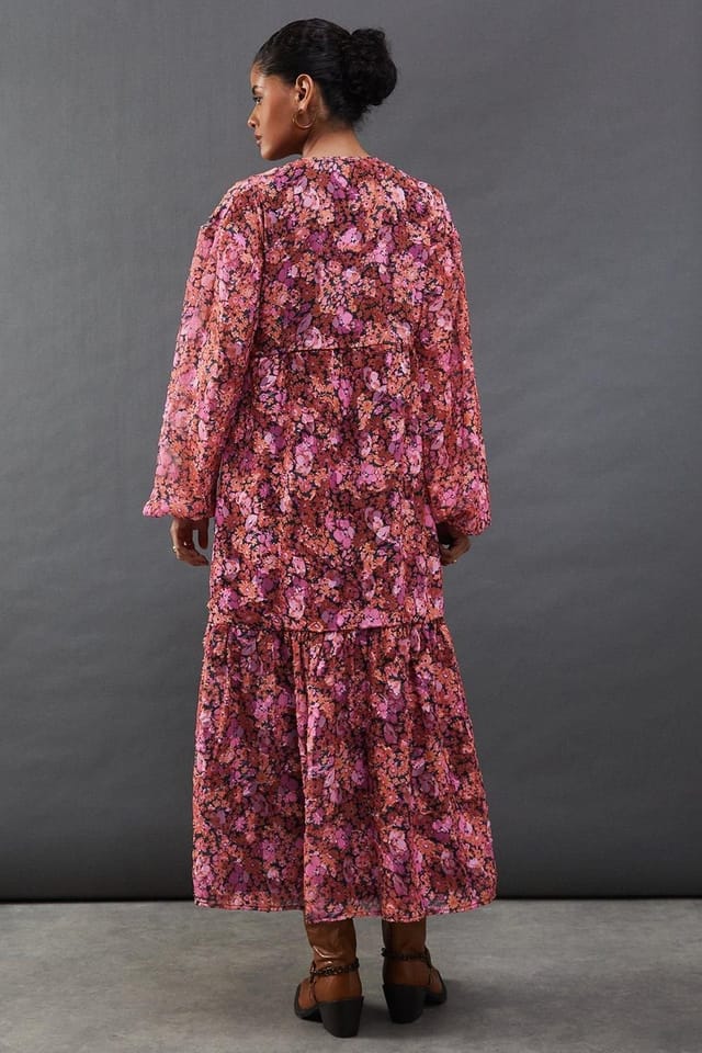 Warehouse Warehouse Women's Floral Burnout Chiffon Wrap Smock Midi Dress in Pink - 3