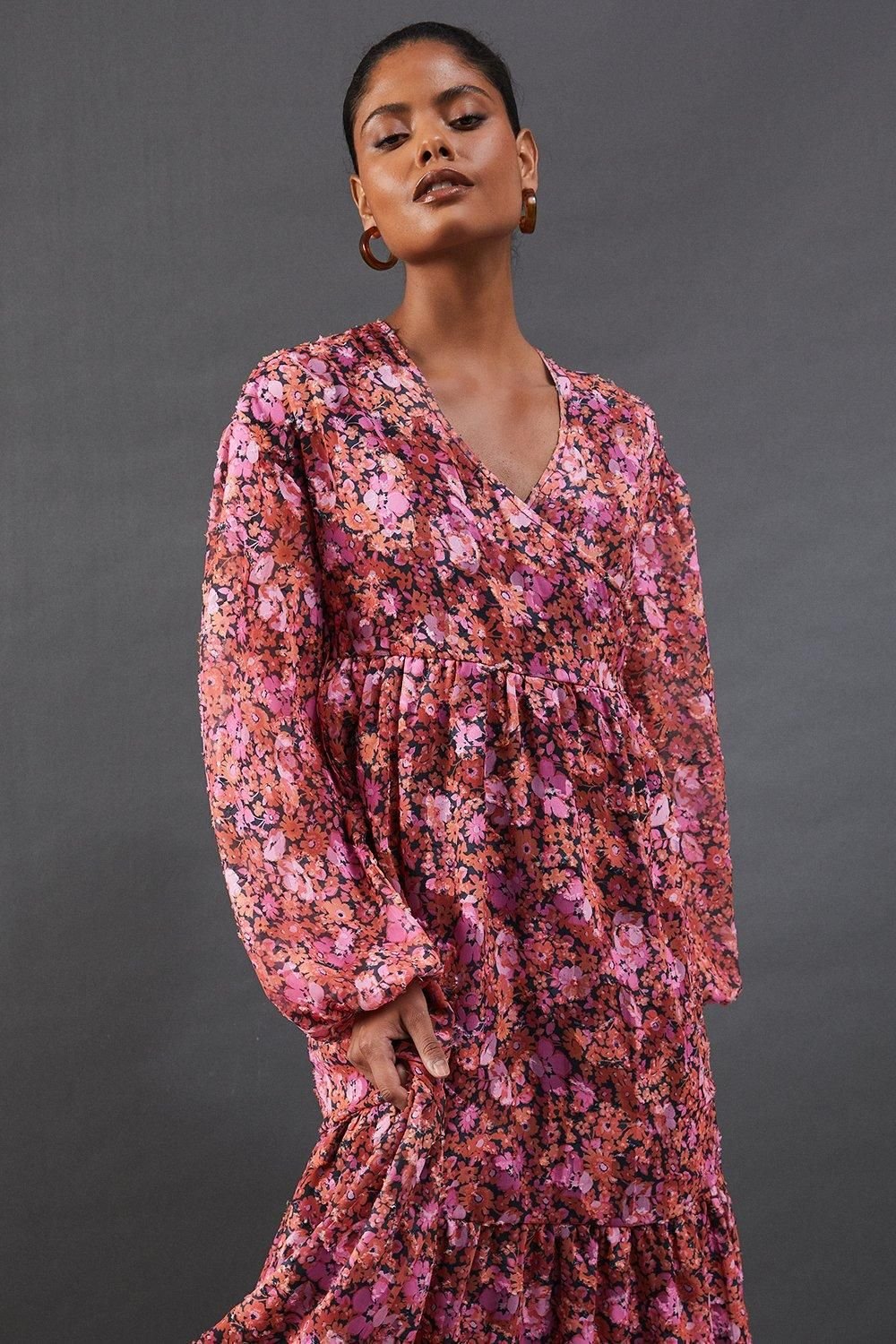 Warehouse Warehouse Women's Floral Burnout Chiffon Wrap Smock Midi Dress in Pink - 4