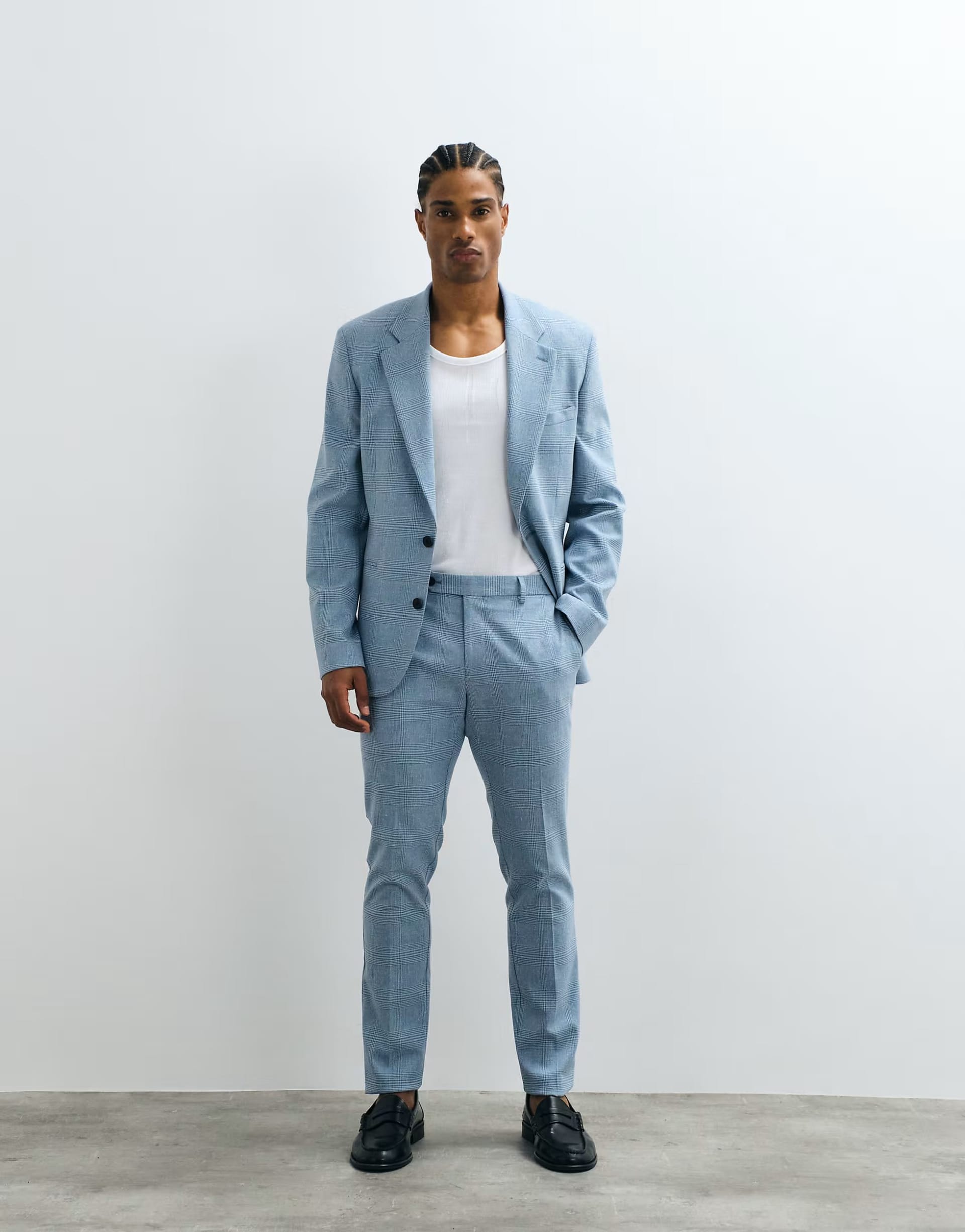 ASOS DESIGN Blue Grid Check Linen Blend Skinny Suit Trousers