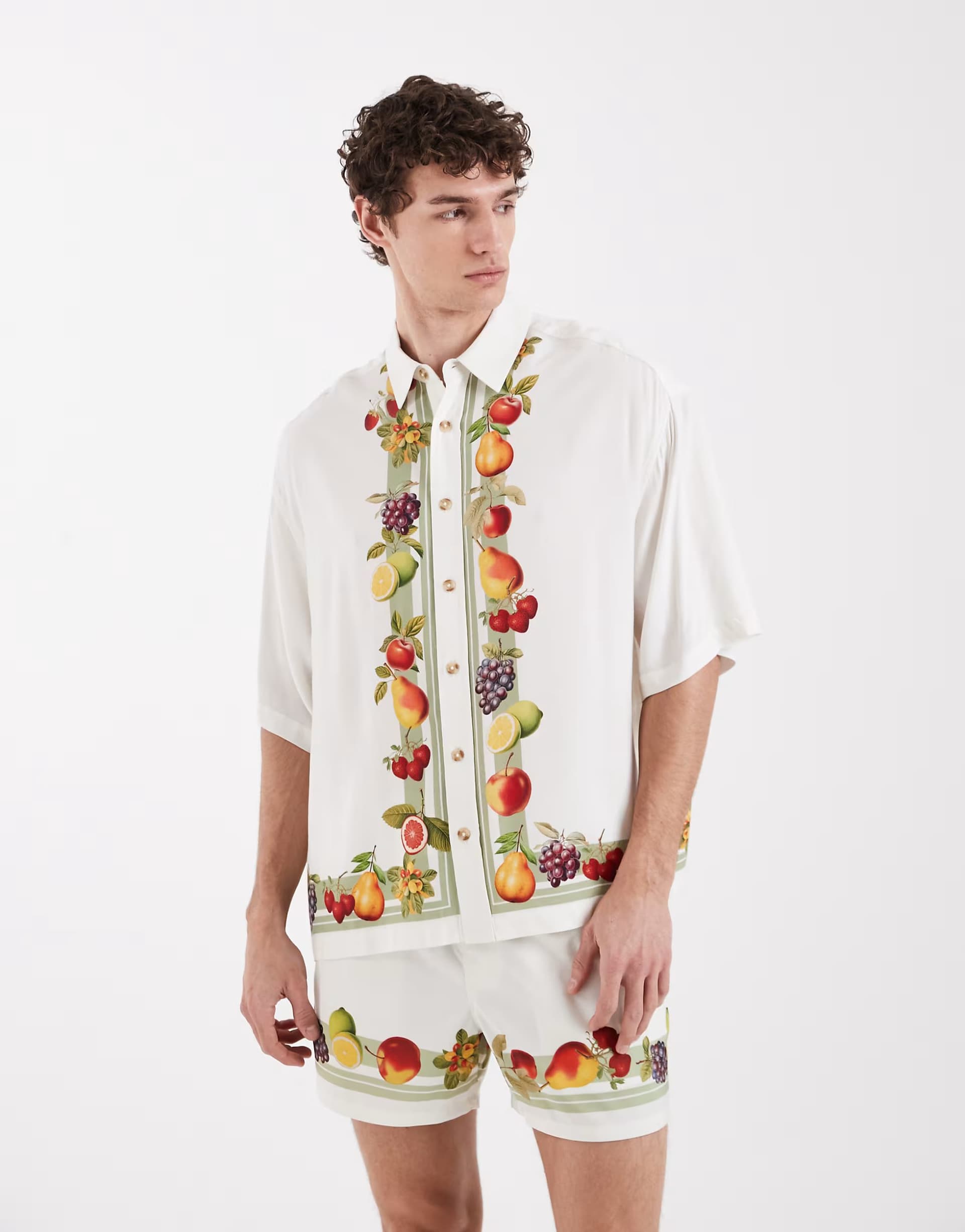 ASOS ASOS DESIGN co-ord boxy oversized shirt with holiday print in off white