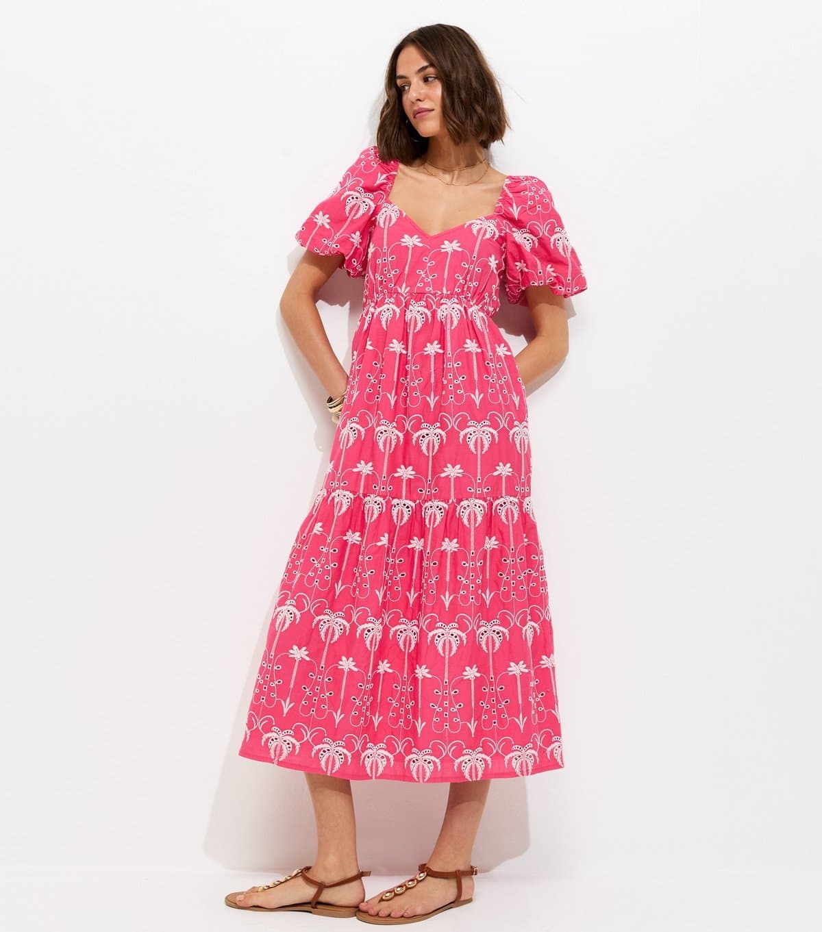 New Look Women's Pink Cotton Palm Tree Embroidered Milkmaid Tiered Midi Dress New Look