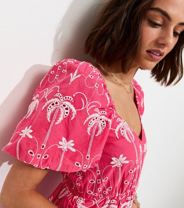 New Look Women's Pink Cotton Palm Tree Embroidered Milkmaid Tiered Midi Dress New Look - 2