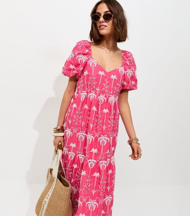 New Look Women's Pink Cotton Palm Tree Embroidered Milkmaid Tiered Midi Dress New Look - 3
