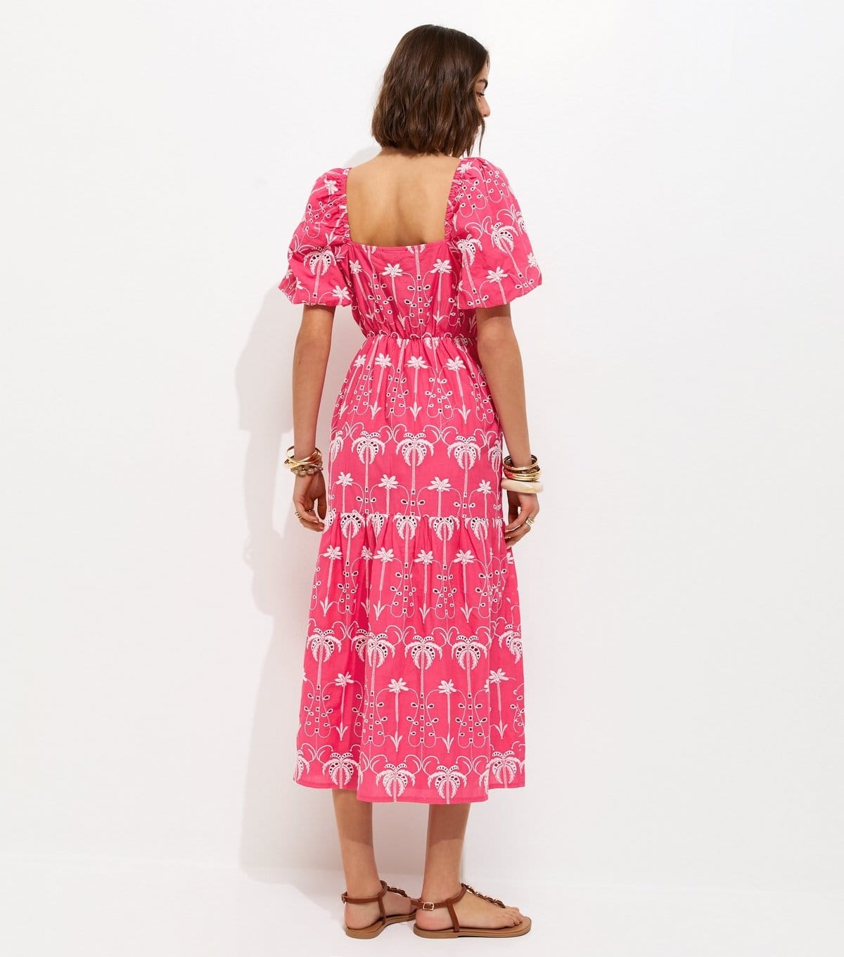 New Look Women's Pink Cotton Palm Tree Embroidered Milkmaid Tiered Midi Dress New Look - 4