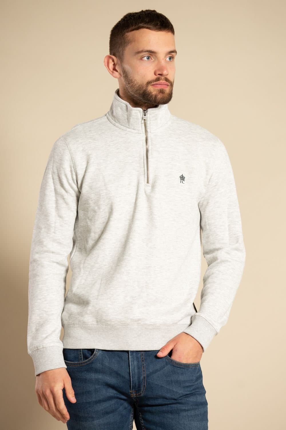 French Connection French Connection Men's Cotton Blend Half-Zip Jumper in Light Grey