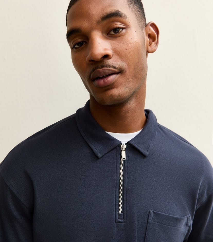 New Look Men's Navy Relaxed Quarter Zip Polo Collar Top New Look - 1