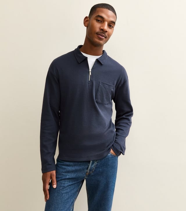 New Look Men's Navy Relaxed Quarter Zip Polo Collar Top New Look - 2