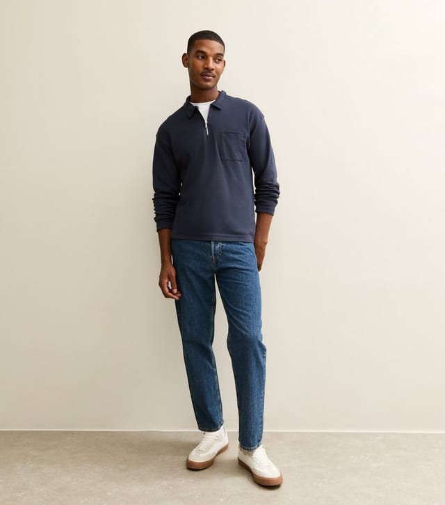 New Look Men's Navy Relaxed Quarter Zip Polo Collar Top New Look - 3