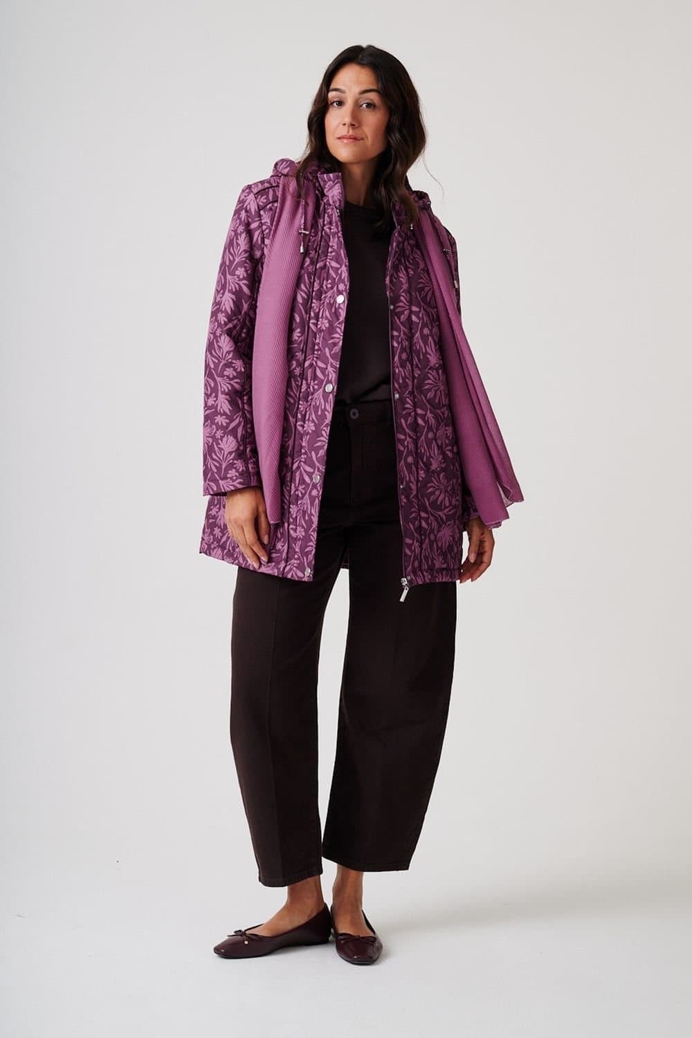 Anna Rose Anna Rose Women's Hooded Floral Print Coat With Scarf in Aubergine