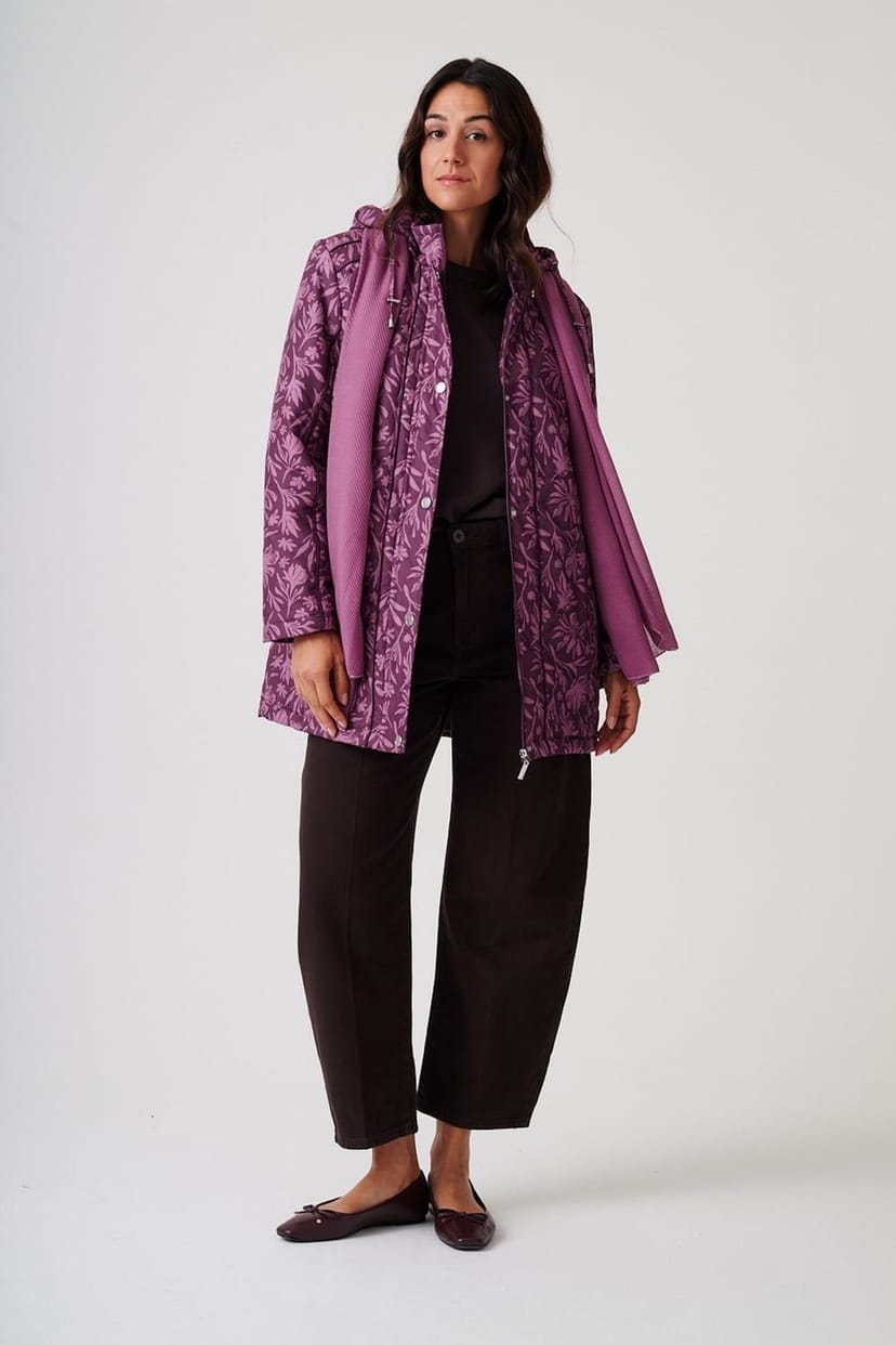 Anna Rose Anna Rose Women's Hooded Floral Print Coat With Scarf in Aubergine - 1