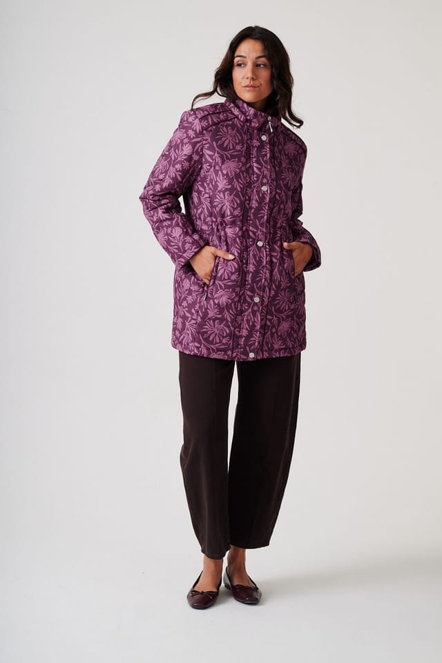 Anna Rose Anna Rose Women's Hooded Floral Print Coat With Scarf in Aubergine - 2