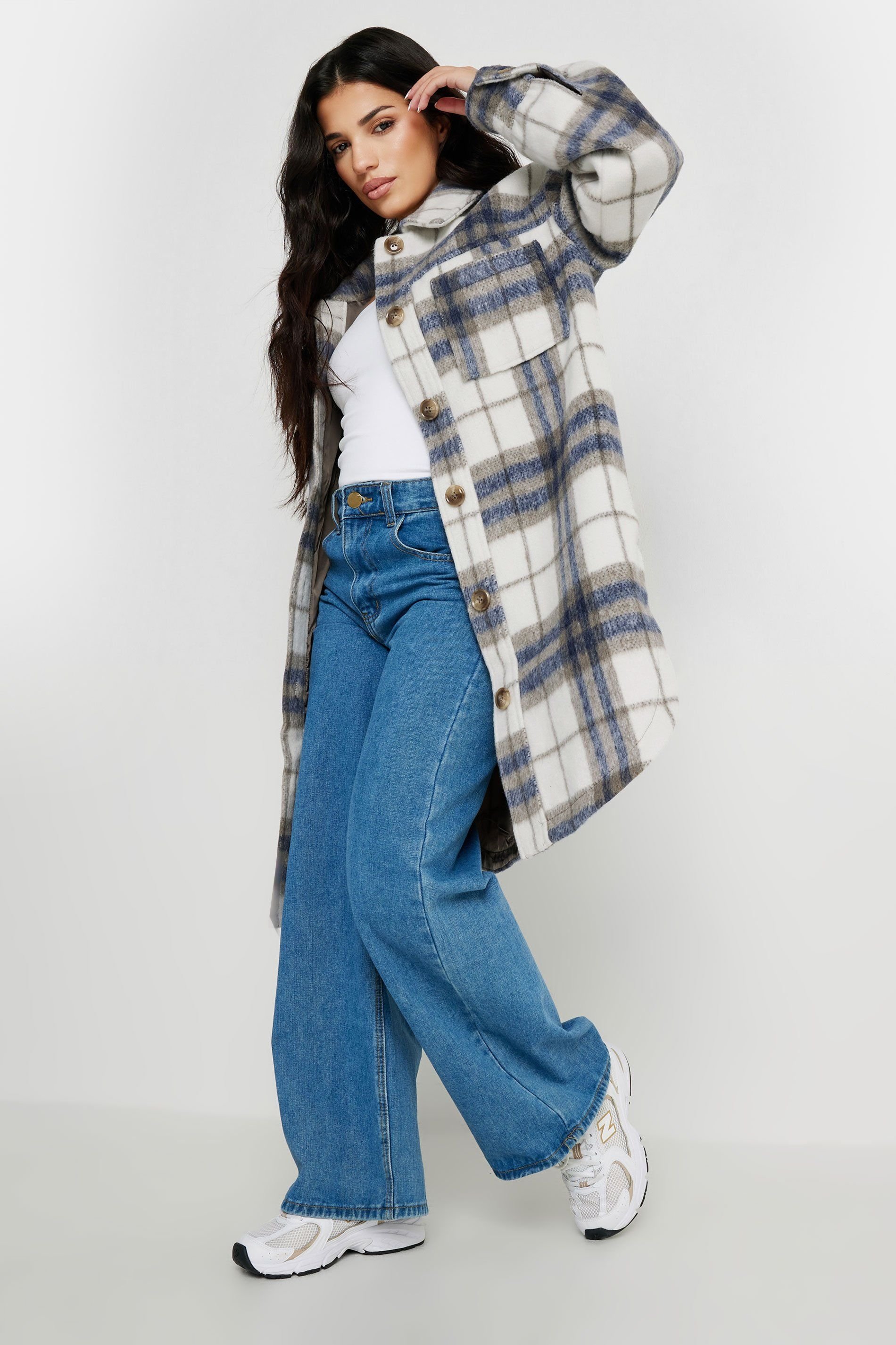 PixieGirl PixieGirl Women's Petite Longline Printed Shacket in Blue - 4