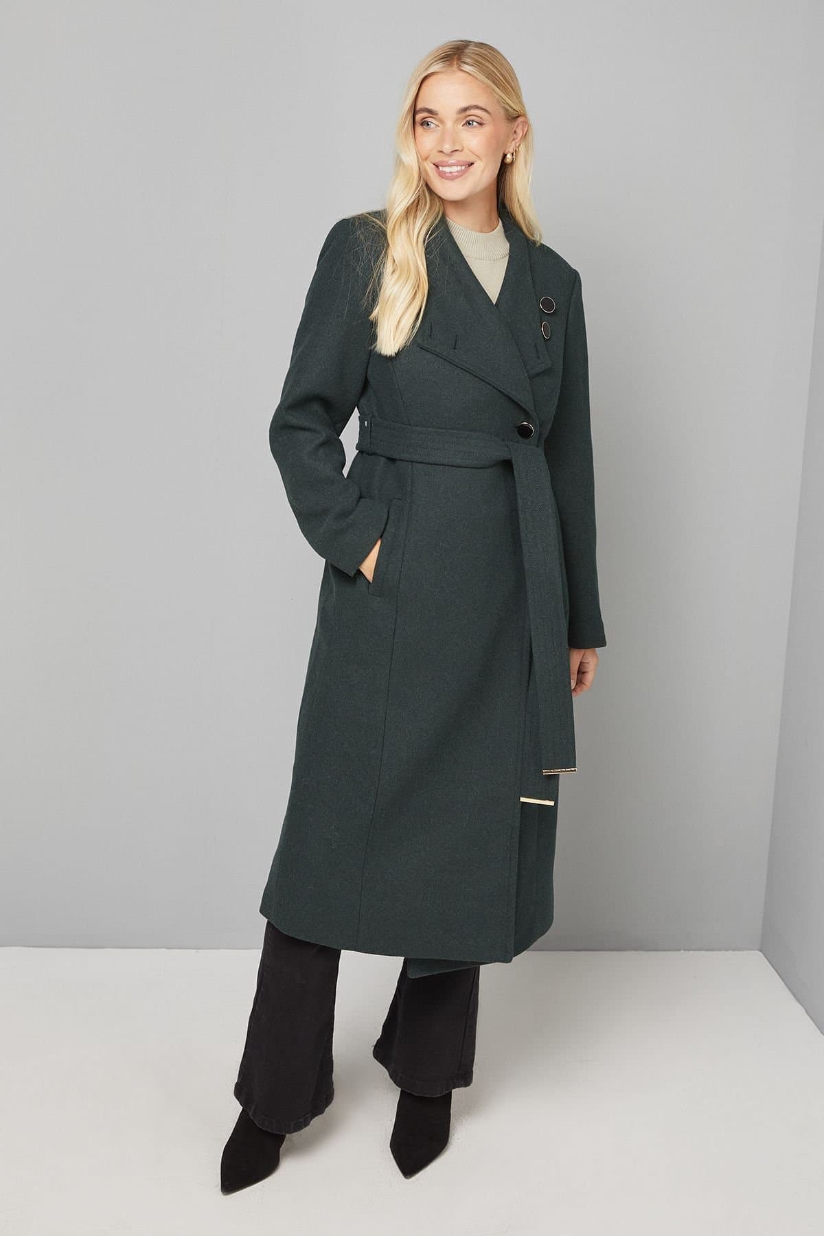 Wallis Wallis Women's Petite Belted Maxi Coat in Green