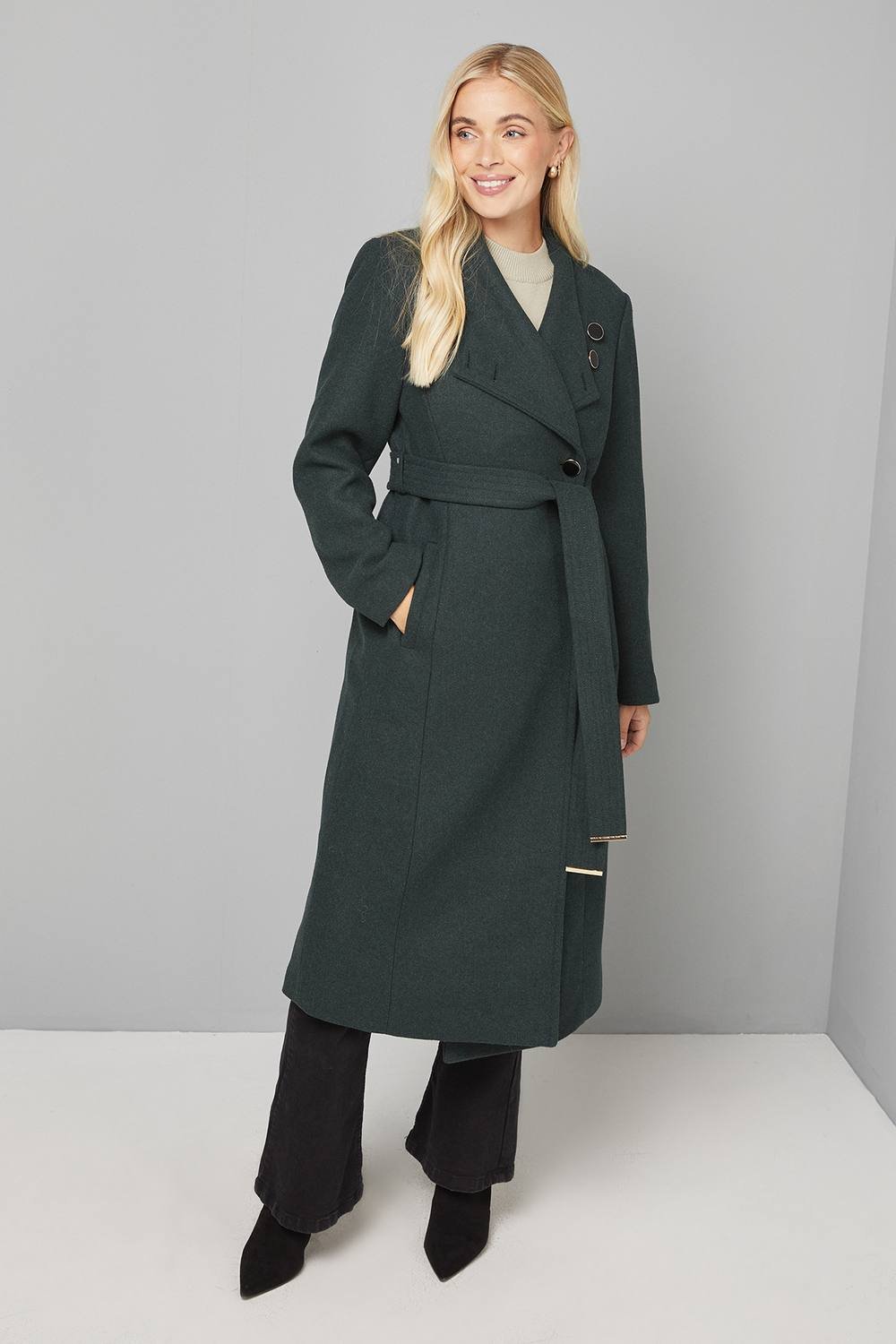 Wallis Wallis Women's Petite Belted Maxi Coat in Green - 2