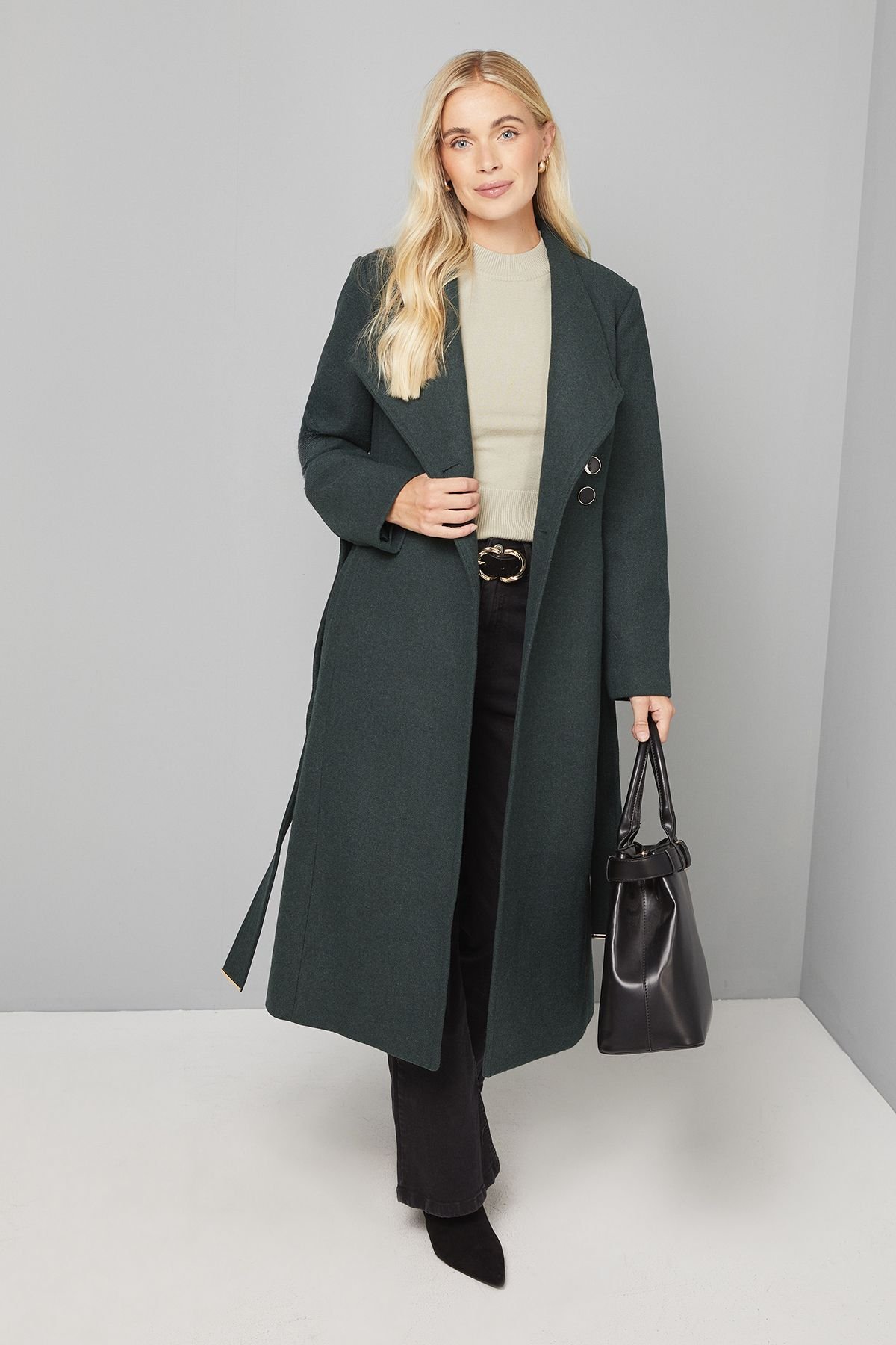 Wallis Wallis Women's Petite Belted Maxi Coat in Green - 4