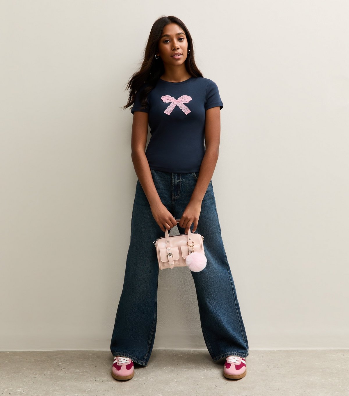 New Look Girls' Navy Cotton Bow Applique T-Shirt New Look - 3