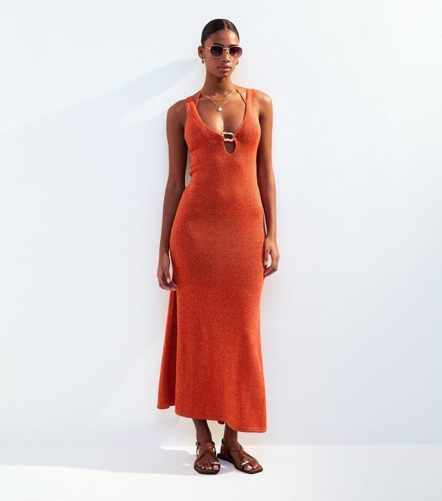 New Look Women's Burnt Orange Metallic Knit Ring Detail Maxi Dress New Look - 2