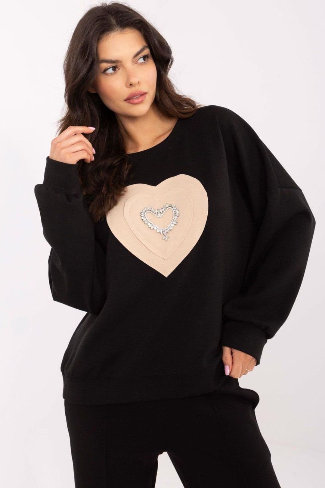Love Lace Love Lace Women's Casual Round Neck Sweatshirt with Heart Zircon in Black