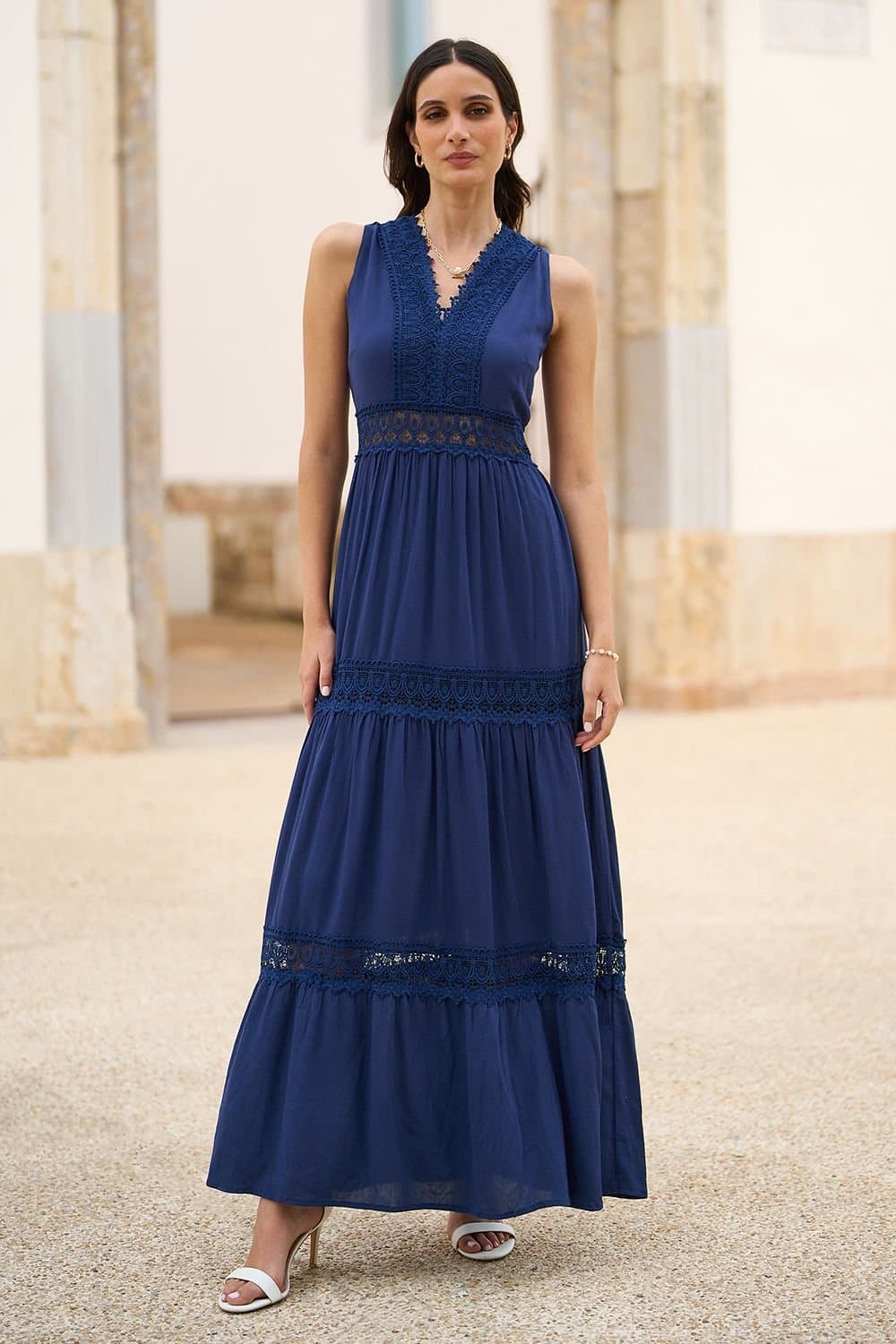 Yumi Yumi Women's Navy Lace Trim Cotton Midi Sun Dress