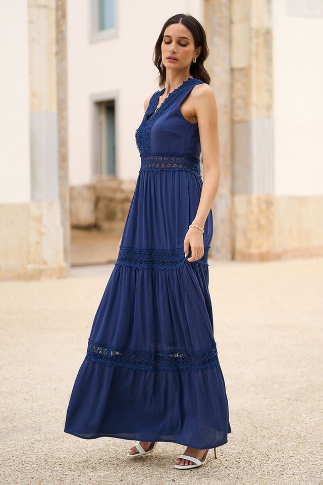 Yumi Yumi Women's Navy Lace Trim Cotton Midi Sun Dress - 3