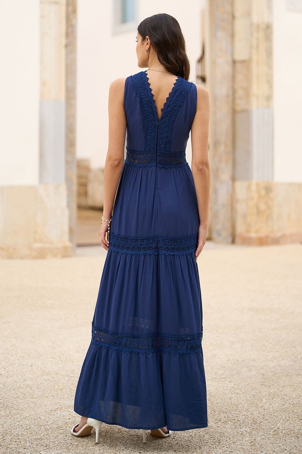 Yumi Yumi Women's Navy Lace Trim Cotton Midi Sun Dress - 4