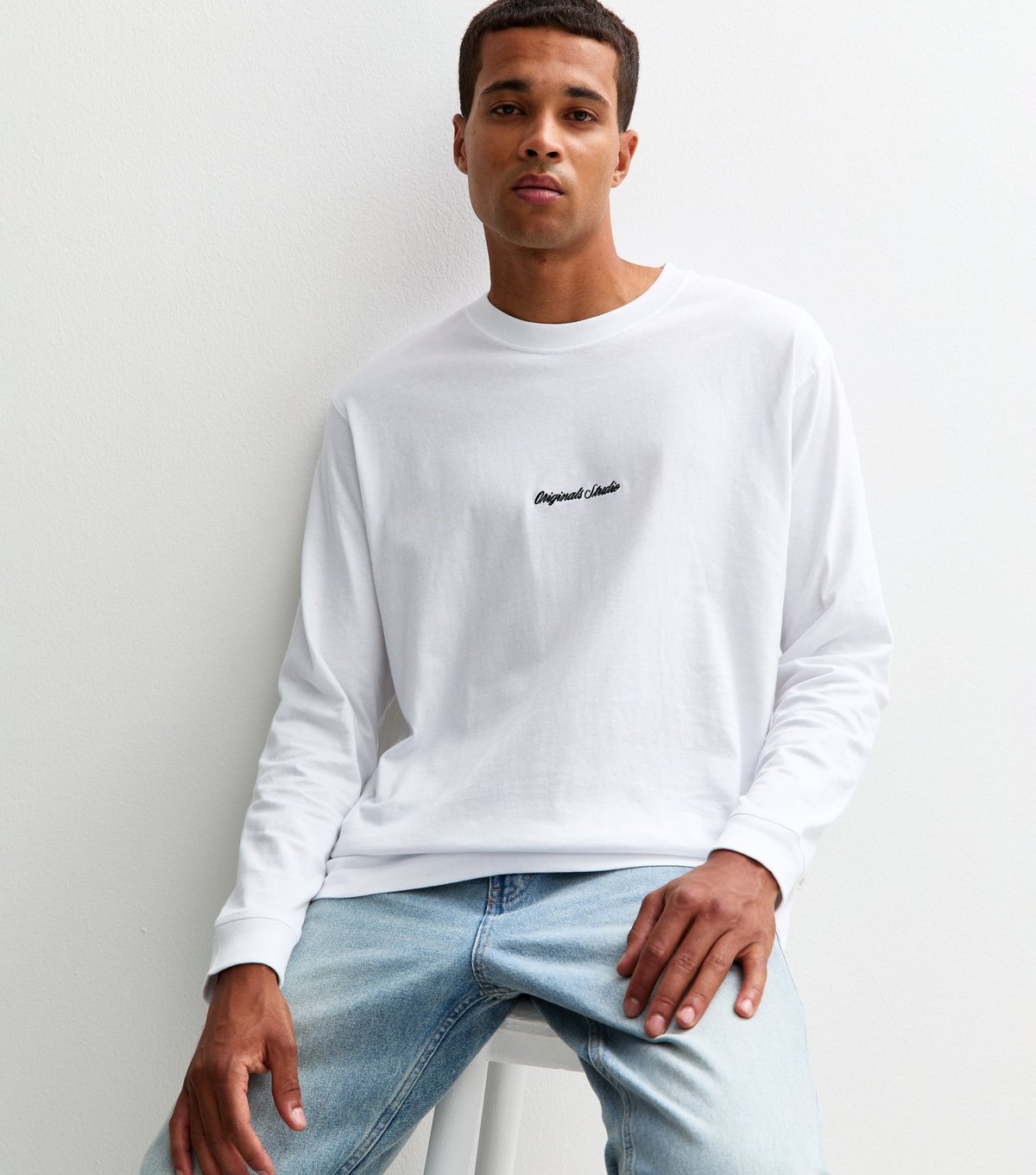 jack & jones Men's White Regular Logo Long Sleeve Crew Neck Top Jack & Jones New Look - 2