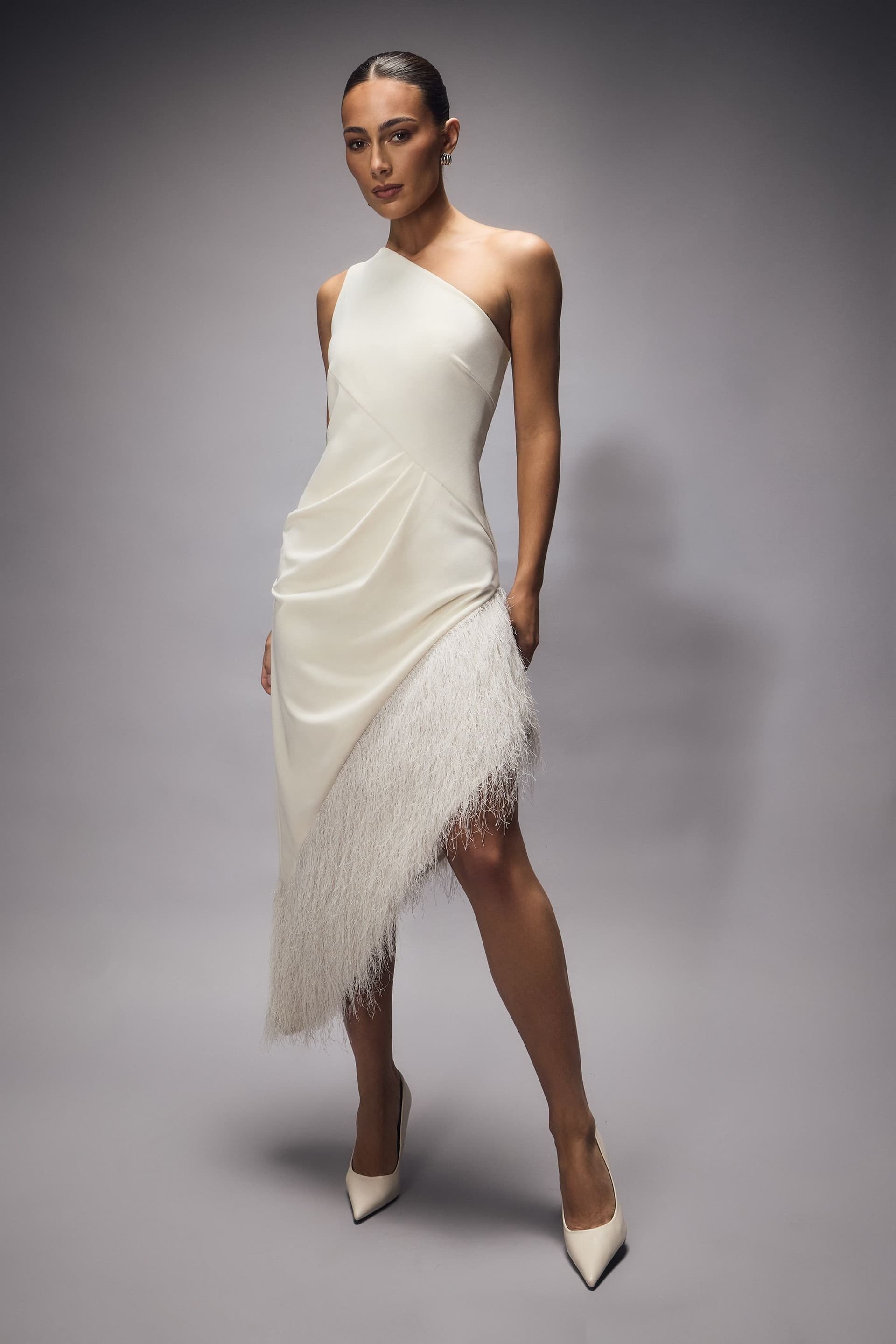 Coast Coast Women's Muse One Shoulder Asymmetric Fringed Midi Dress in White