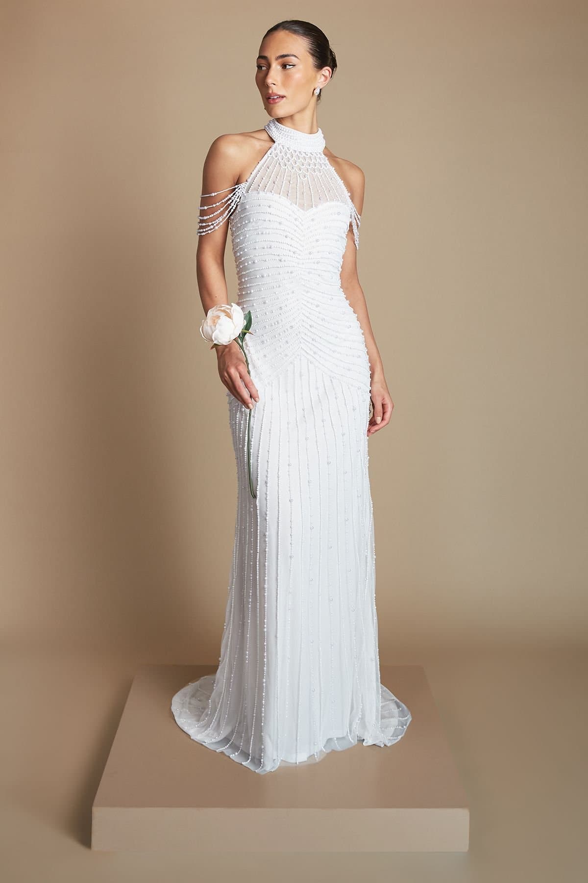 Coast Coast Women's Pearl Embellished Drape Sleeve Wedding Dress in Ivory
