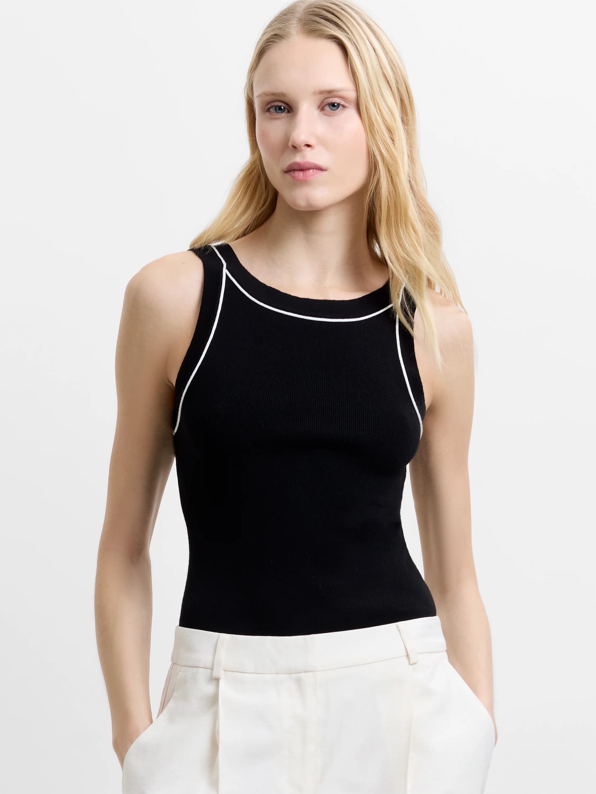 French Connection Mozza Contrast Trim Knitted Tank Top Black/Porcelain Cream