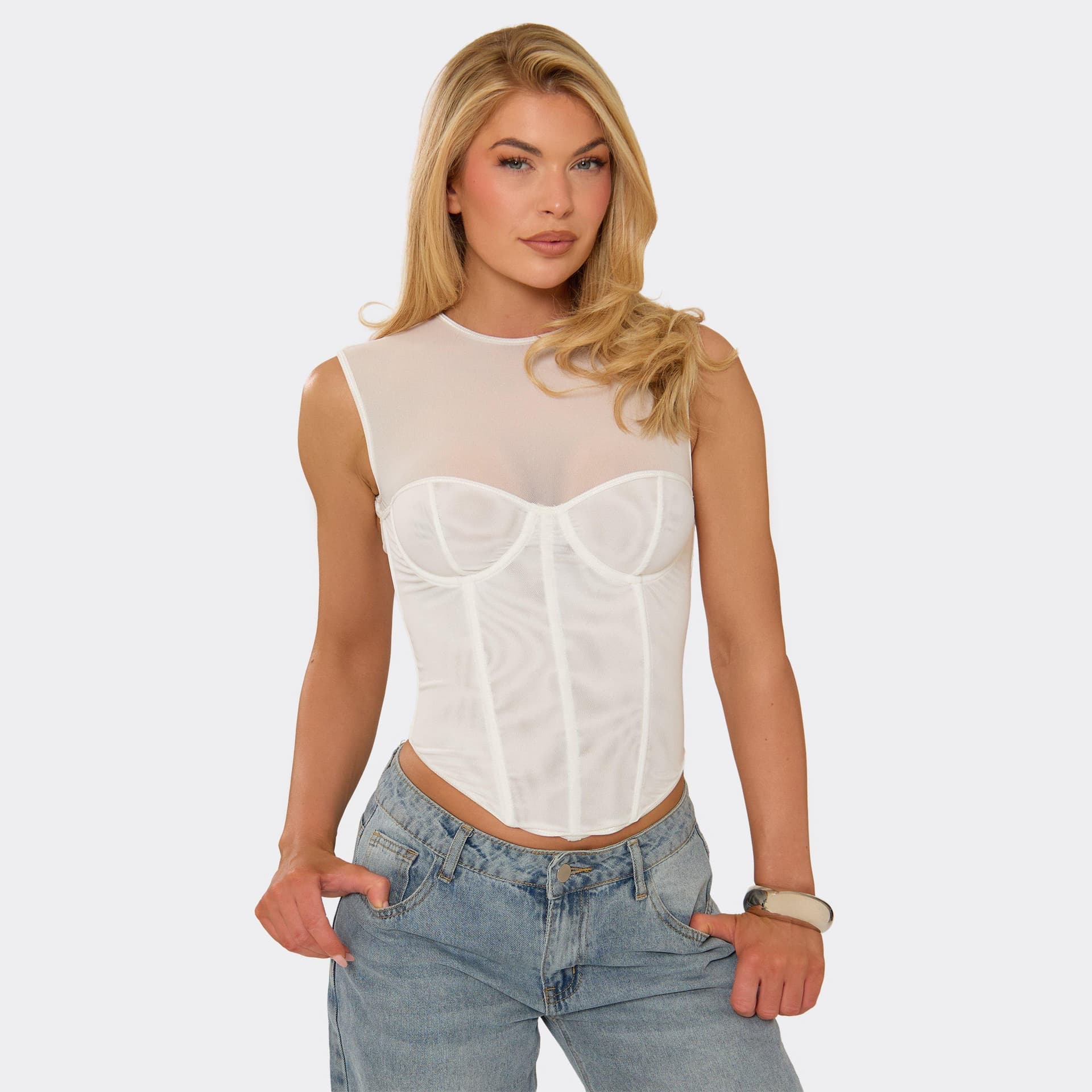 EGO Cap Sleeve Corset Top In White Mesh, Women's Size UK 6