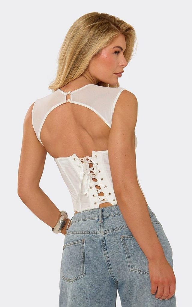 EGO Cap Sleeve Corset Top In White Mesh, Women's Size UK 6 - 2