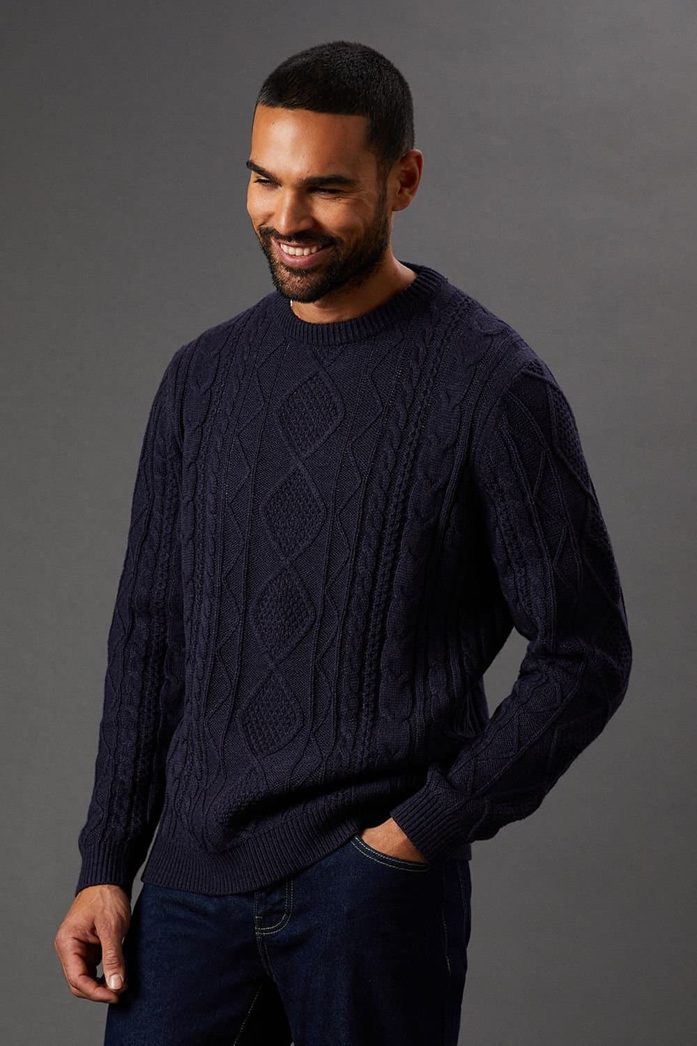 Burton Burton Men's Cable Knit Crew Neck Jumper in Navy