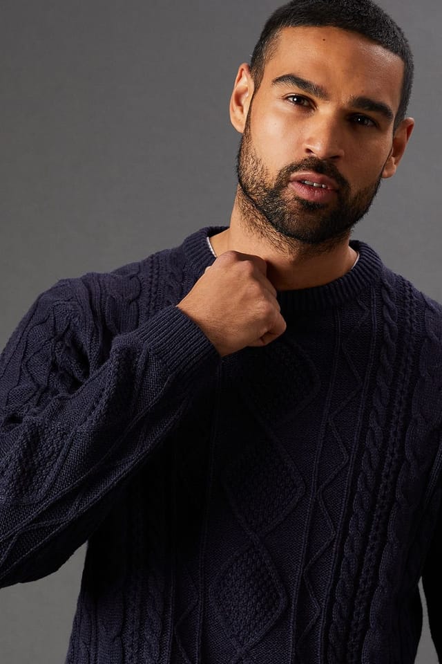 Burton Burton Men's Cable Knit Crew Neck Jumper in Navy - 2