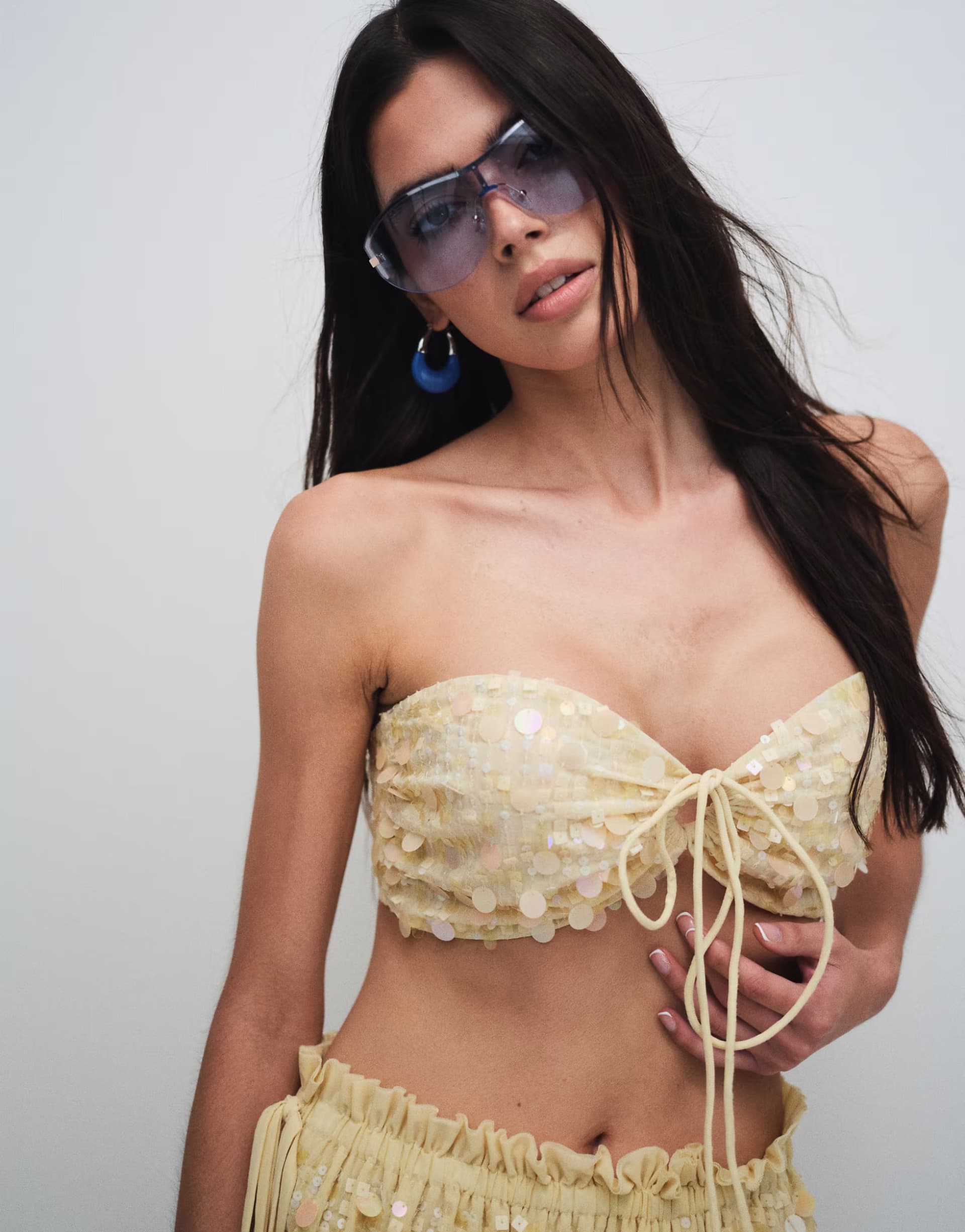 ASOS Miss Selfridge beach sequin ruched bra top in buttermilk