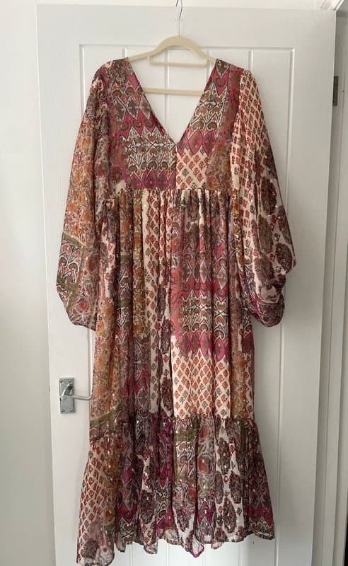 Warehouse Warehouse Spark Paisley Jacquard V Neck Midi Dress UK 12 BNWT Boho Pink Balloon Sleeve
