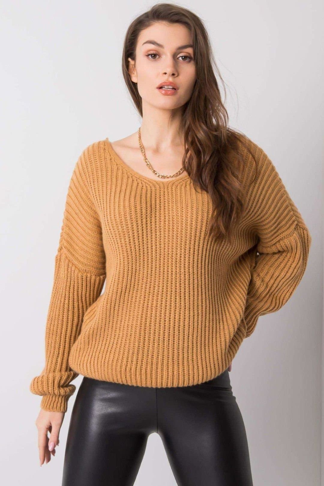 Love Lace Love Lace Women's Camel Crew Jumper with Back Neckline in Brown
