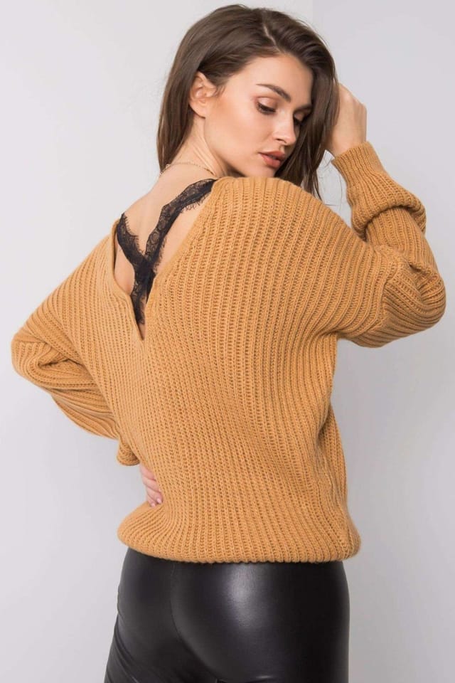 Love Lace Love Lace Women's Camel Crew Jumper with Back Neckline in Brown - 3