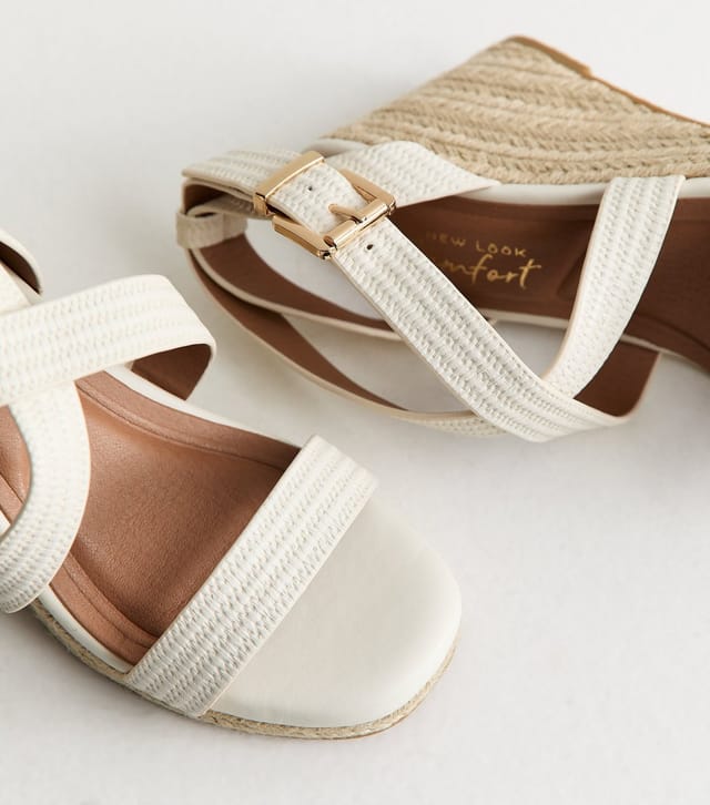 New Look Women's Wide Fit White Textured Faux Leather Wedge Sandals Vegan New Look - 3