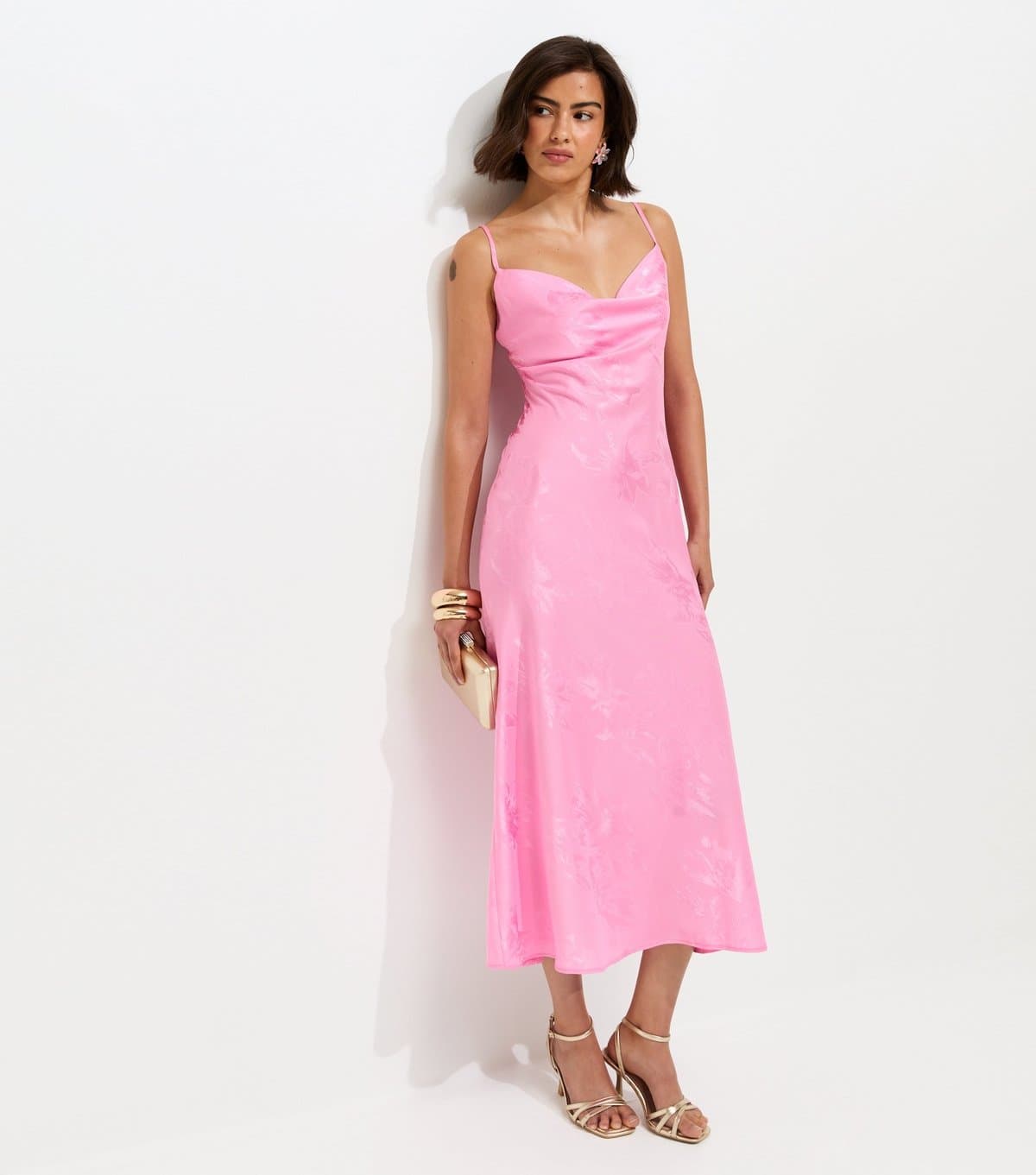 New Look Women's Bright Pink Floral Jacquard Cowl Neck Strappy Midi Dress New Look