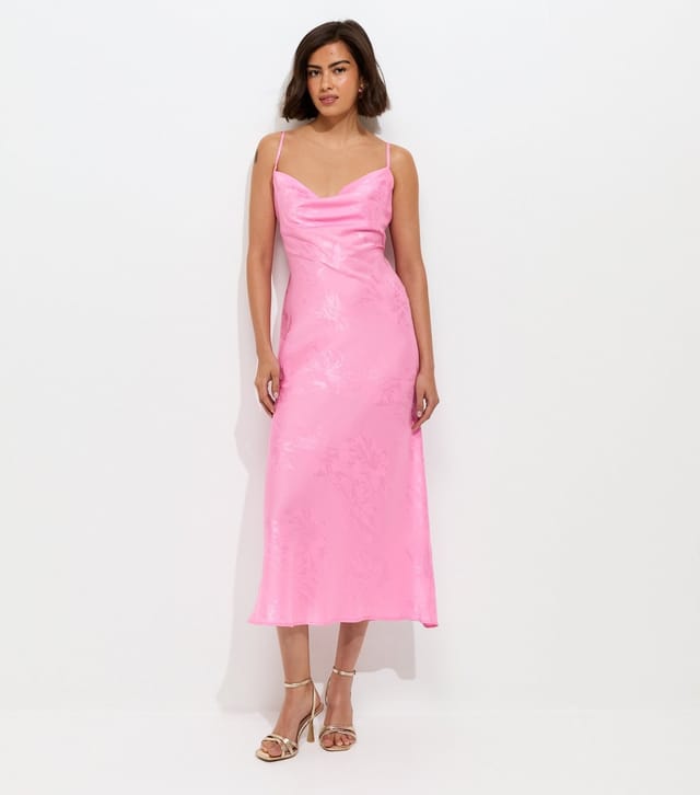 New Look Women's Bright Pink Floral Jacquard Cowl Neck Strappy Midi Dress New Look - 2