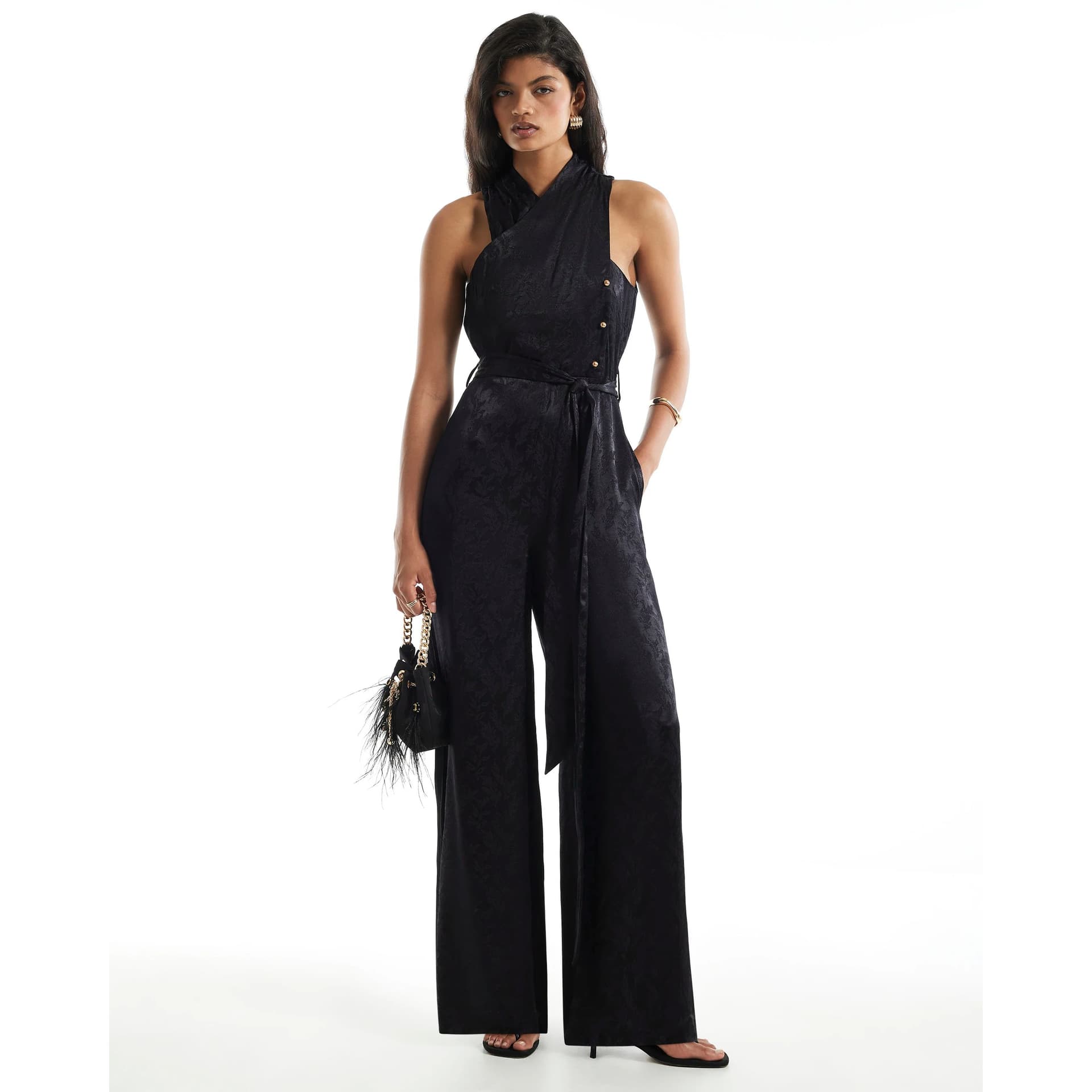 River Island River Island Womens Black Satin Jacquard Jumpsuit