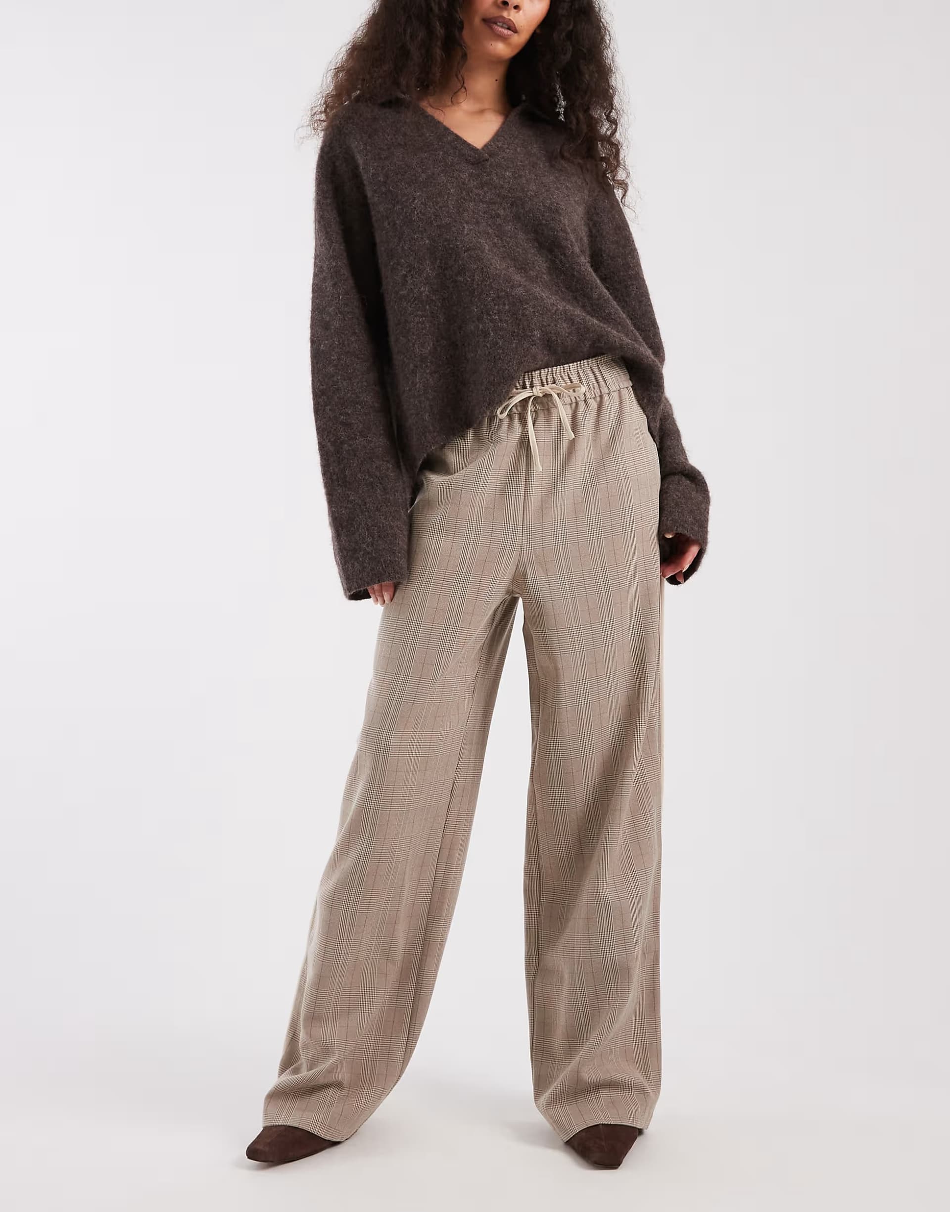 ASOS New Look check wide leg trousers with piping in brown