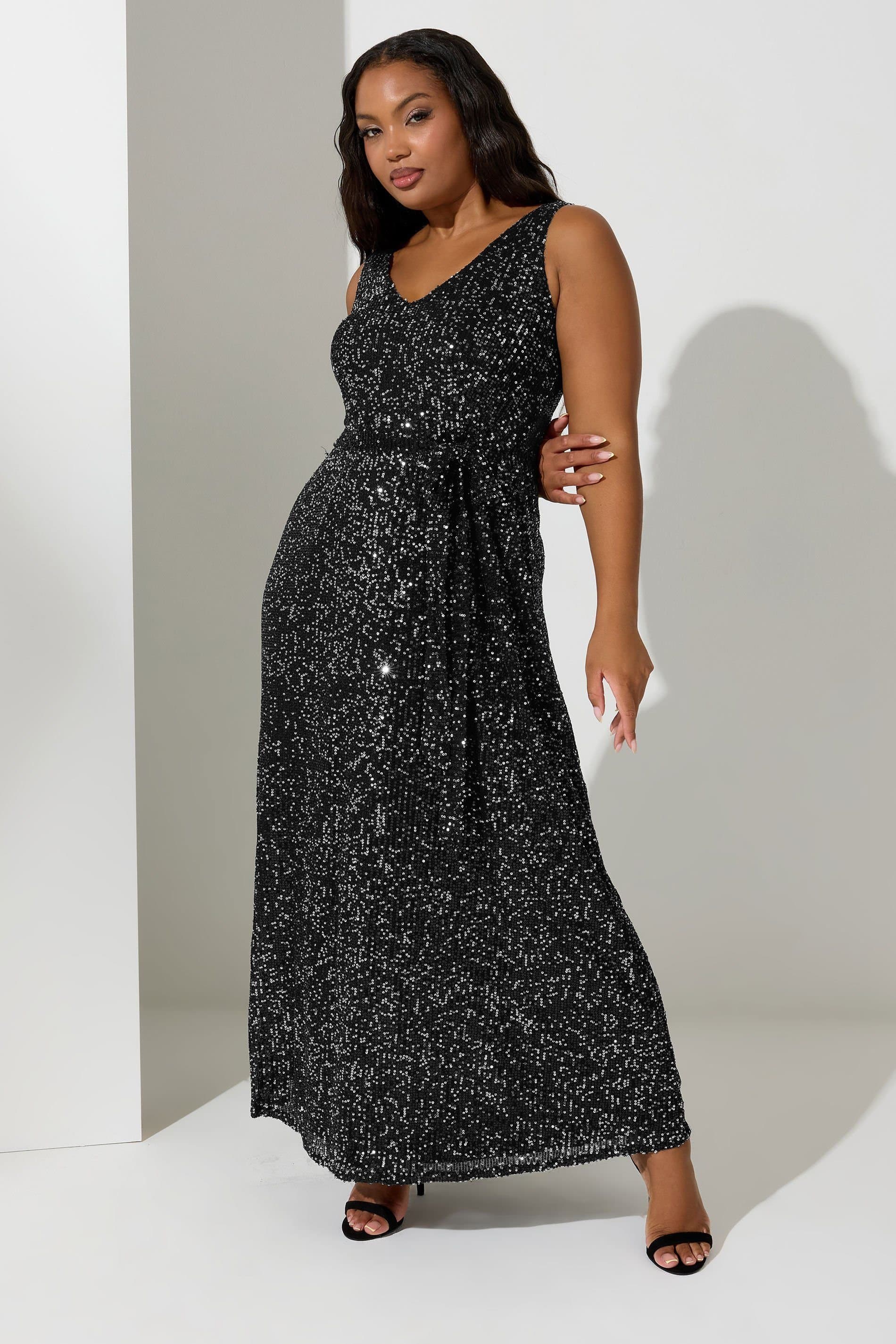 Yours Yours Women's Sequin V-Neck Maxi Dress in Black