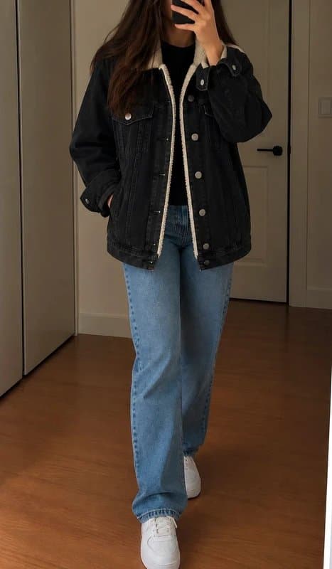 ASOS ASOS Denim Black Borg Lined Oversized Denim Jacket UK 4 Autumn Winter