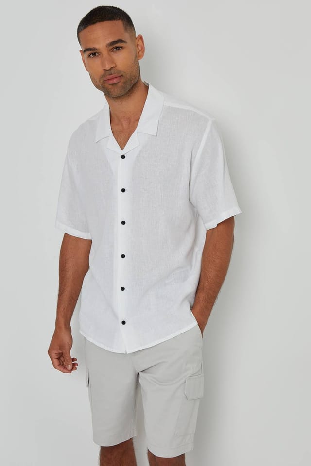 Threadbare Threadbare Men's 'Kylian' Linen Blend Revere Collar Short Sleeve Shirt in White - 2