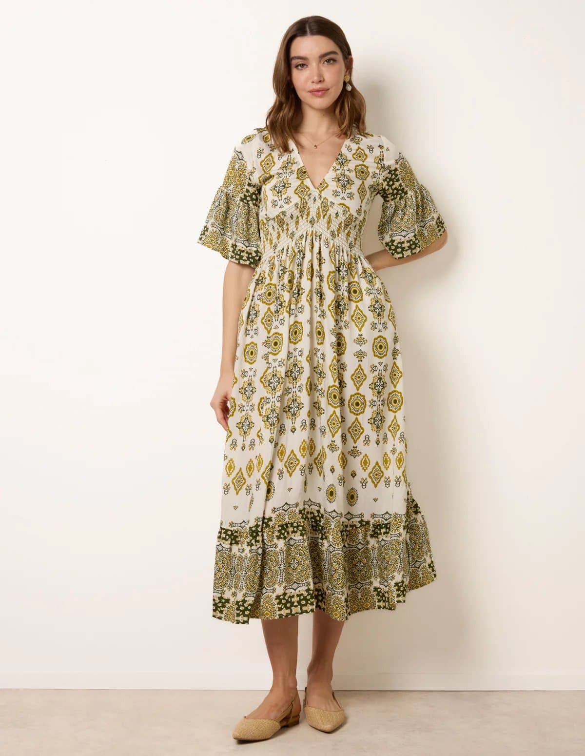 Blue Vanilla V Neck Border Print Dress